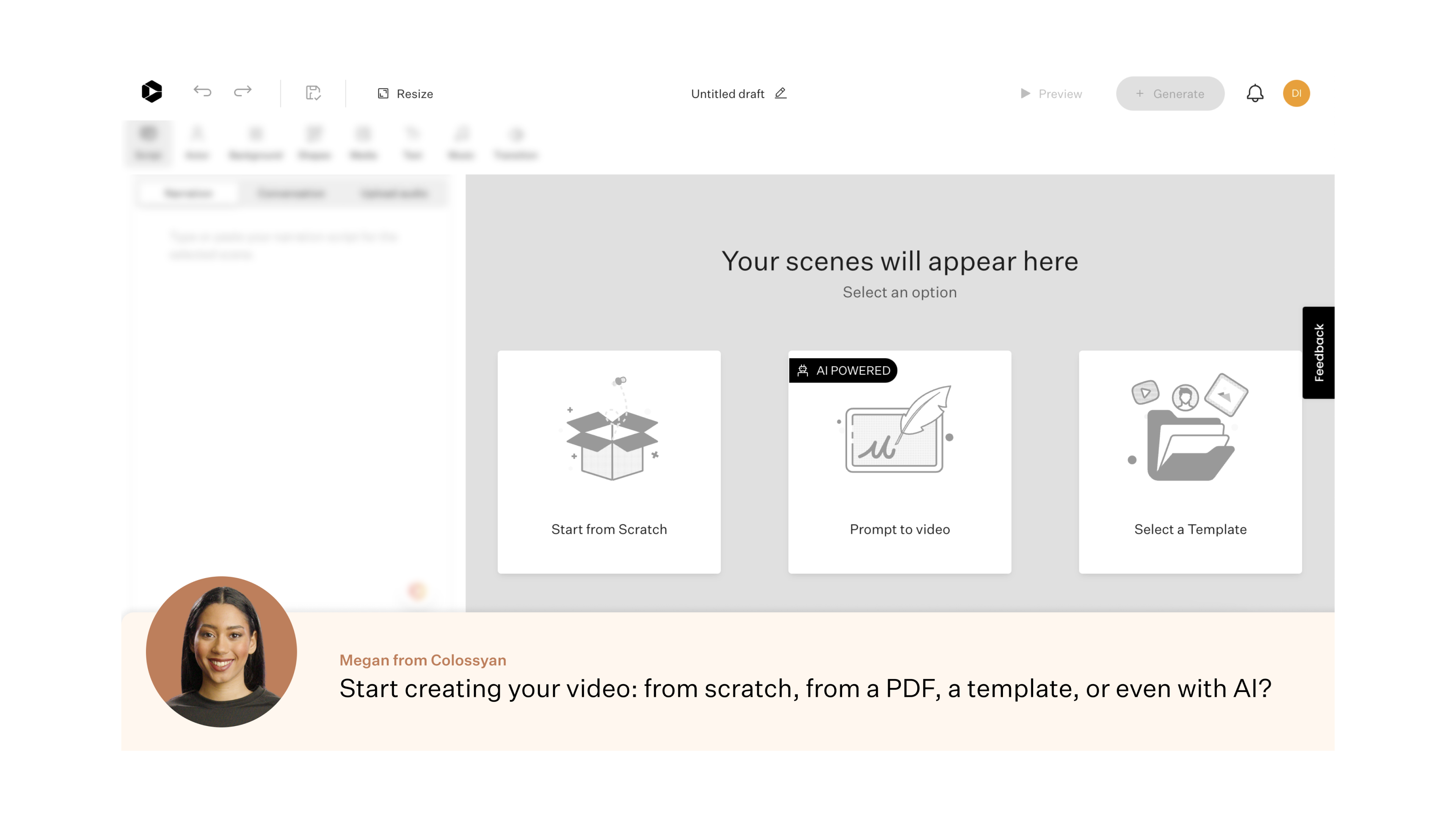 Adding new video scenes in Colossyan