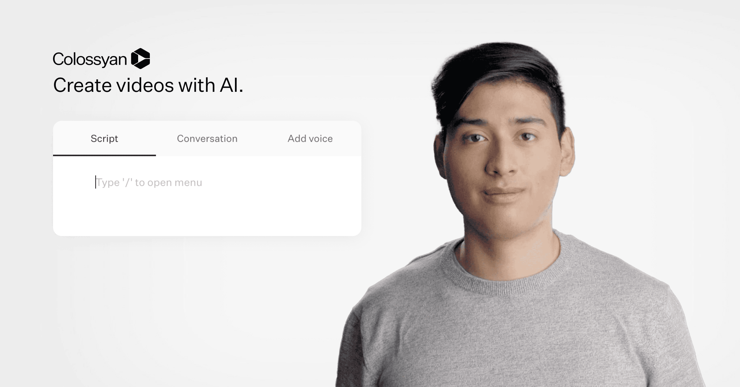 Colossyan AI avatar with text box that has 3 options: script, conversation, and add voice