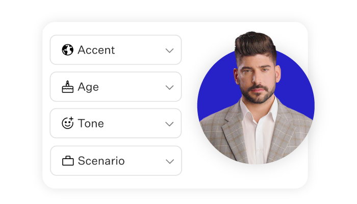 Image of an AI avatar with the following customization options: accent, age, tone, and scenario