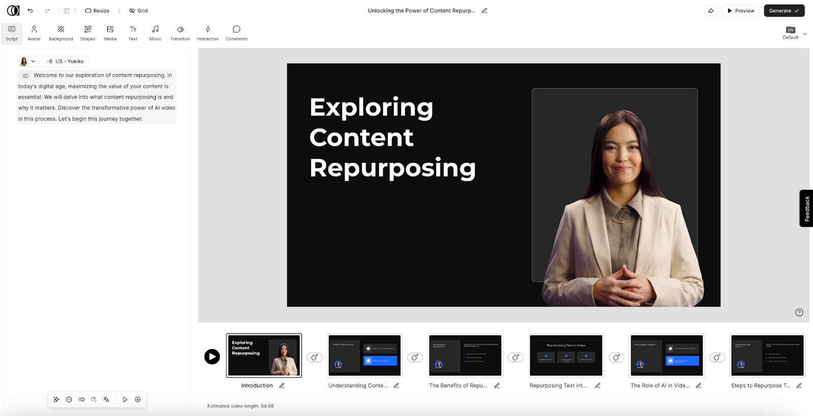 Example prompt to video draft in Colossyan