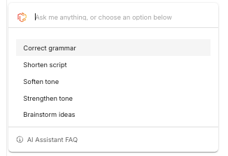 Colossyan's AI script assistant menu