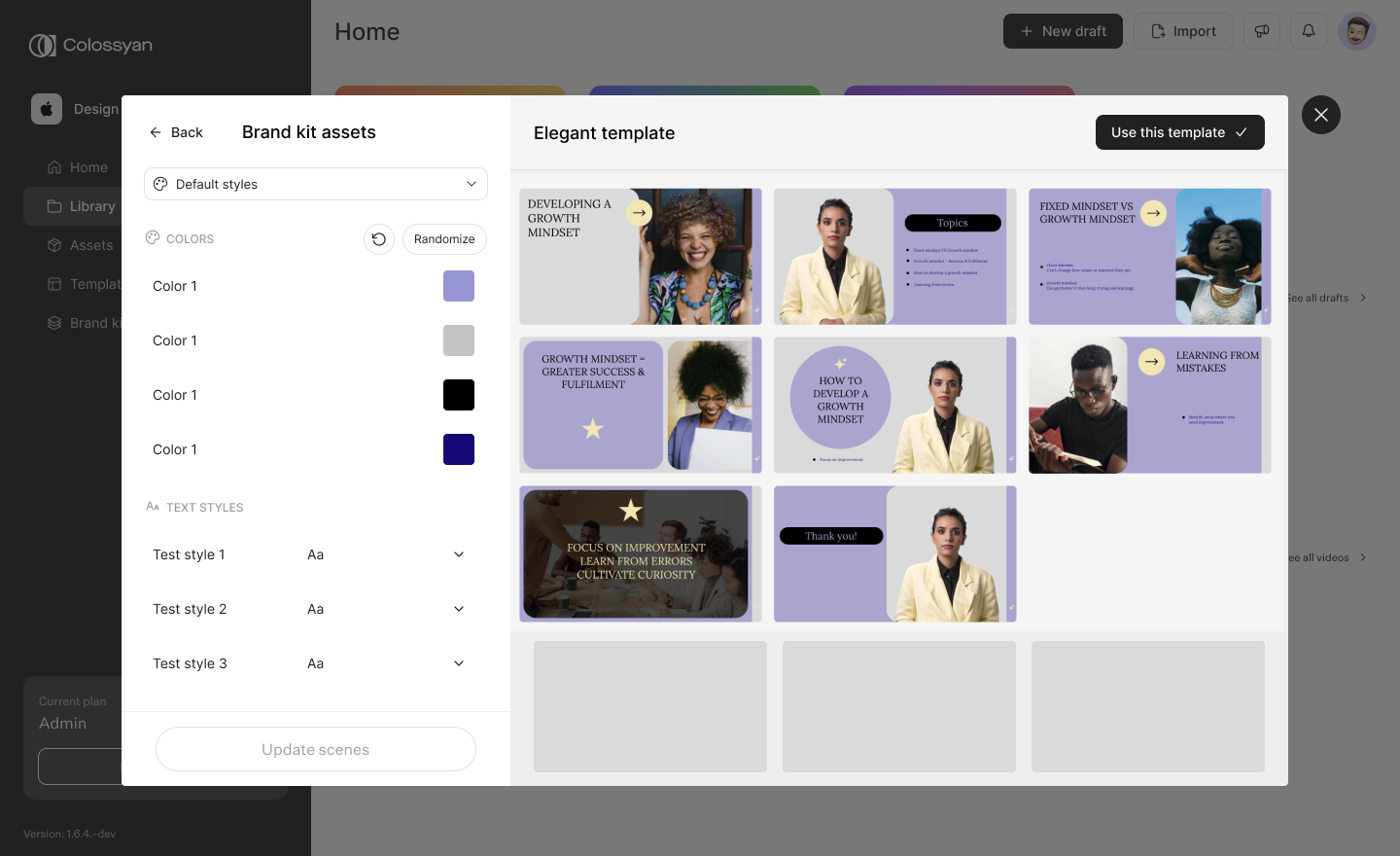 Applying a purple and black brand kit to a video template in Colossyan