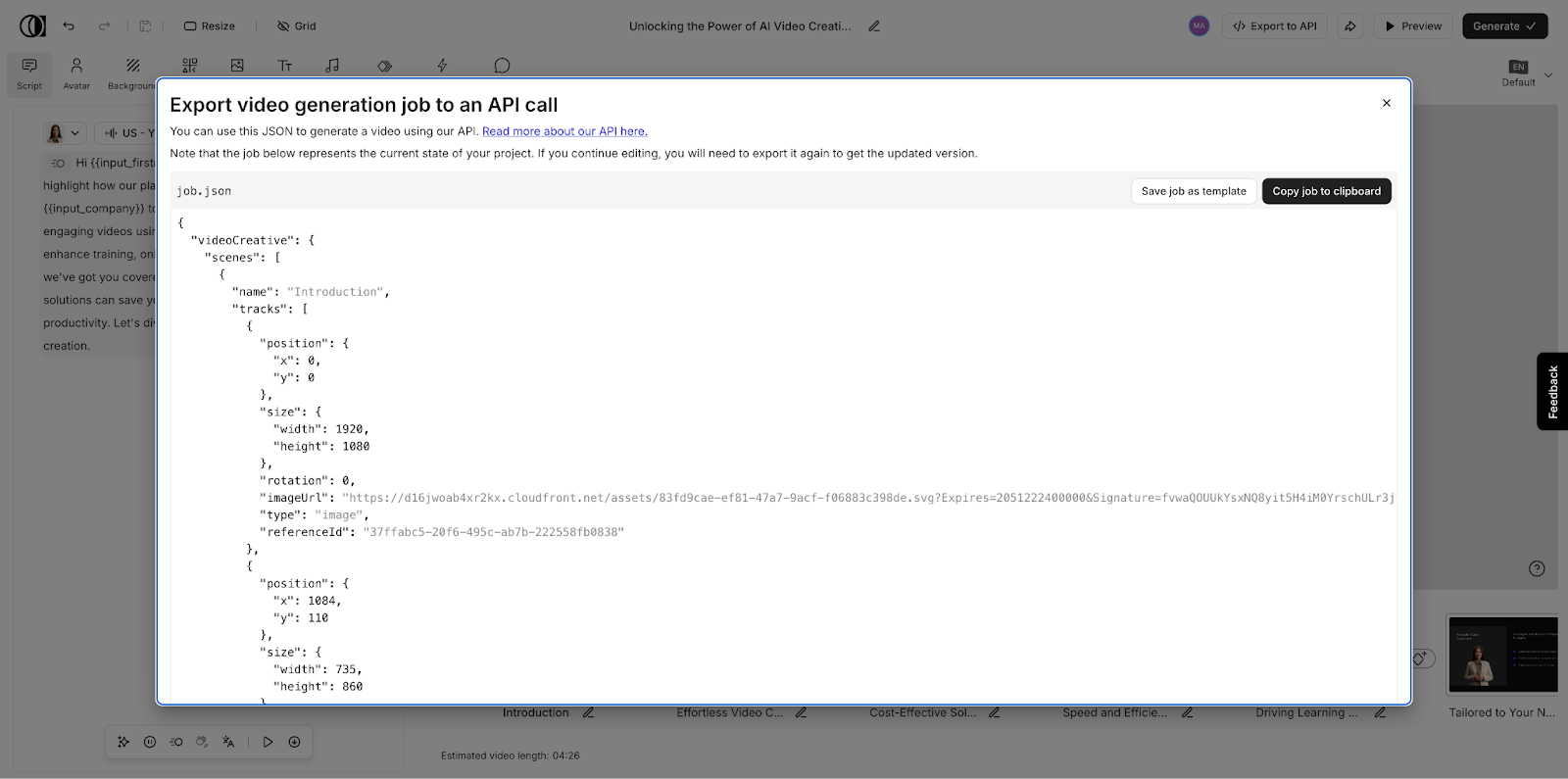 Code to export video generation job to an API call