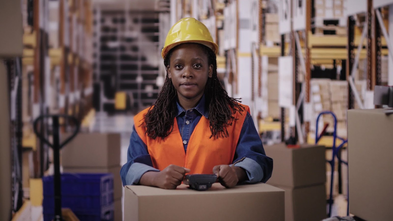 Woman in manufacturing outfit in warehouse
