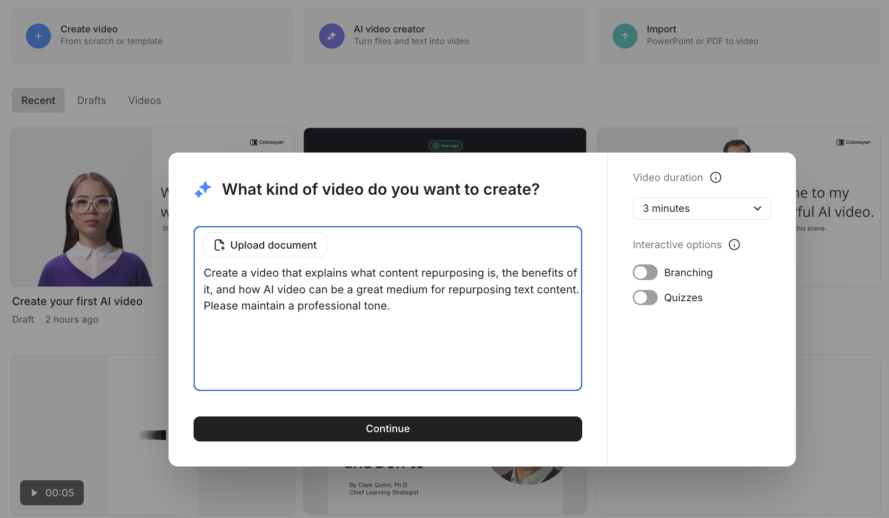 Prompt to video within Colossyan's AI video creator
