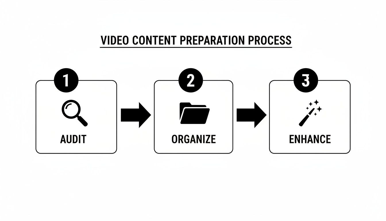 A visual diagram outlining the three-step video content preparation process: Audit, Organize, Enhance.