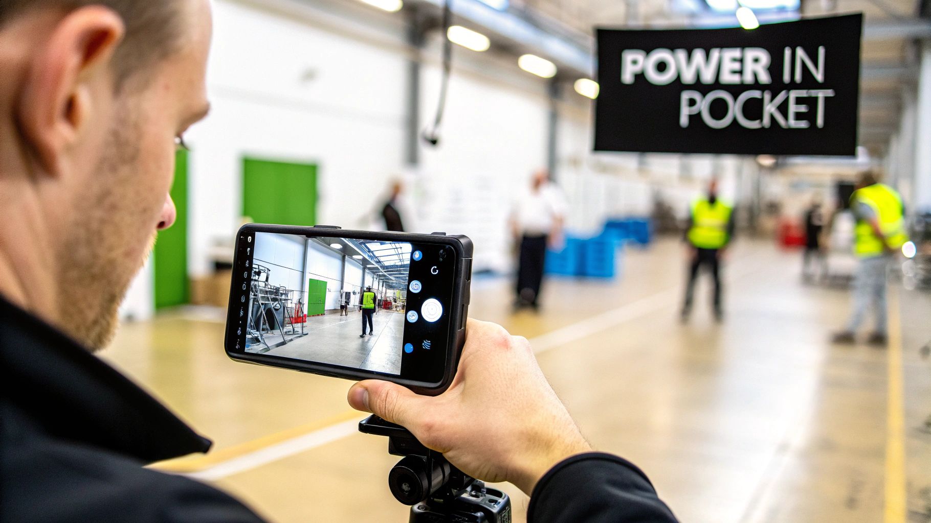 Man films factory floor with smartphone mounted on tripod, showing worker and 'POWER IN POCKET' banner.