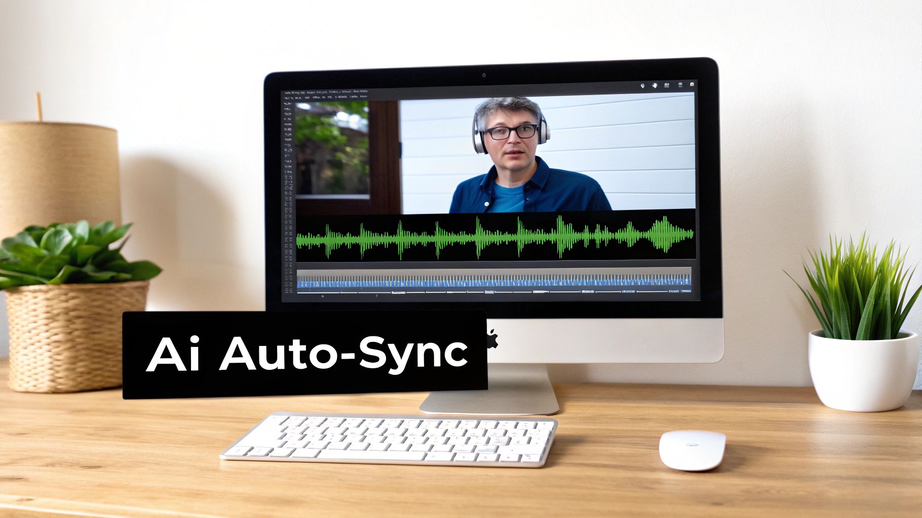 A computer monitor displays video editing software with a man wearing headphones and an audio waveform, next to an 'Ai Auto-Sync' sign on a desk.