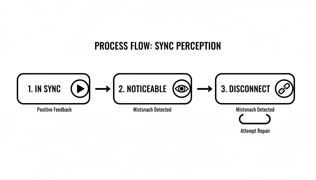 Process flow diagram illustrating sync perception states: In Sync, Noticeable Mismatch, and Disconnect with repair.