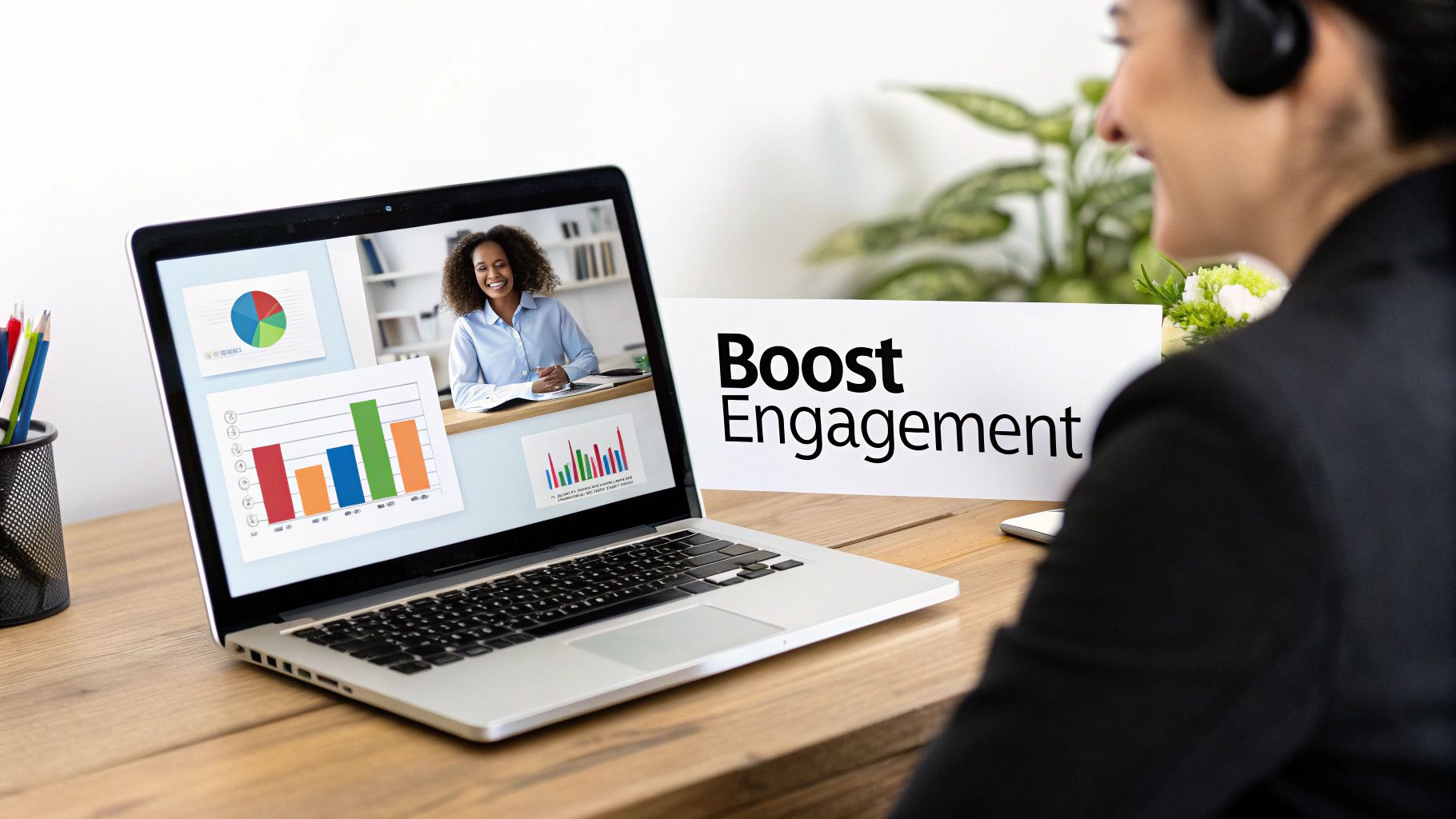 A person in a headset views a laptop showing a video call with charts and a 'Boost Engagement' sign.