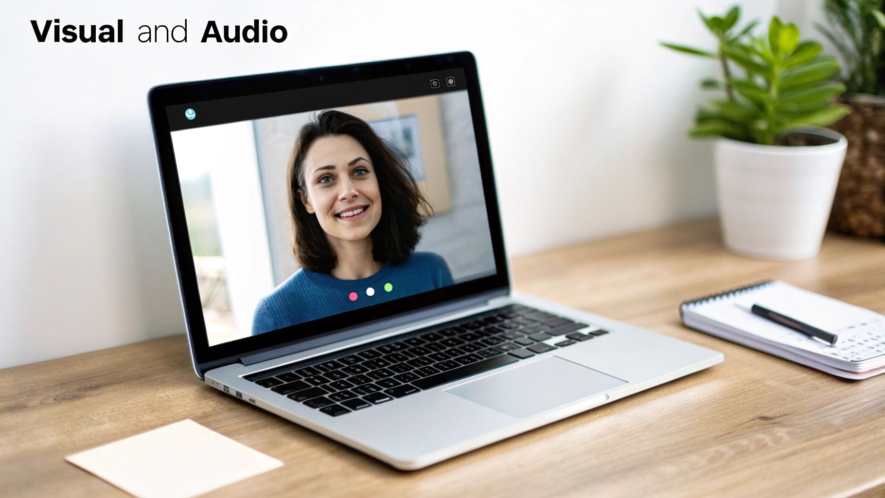 A laptop on a wooden desk displaying a video call with a smiling woman and text 'Visual and Audio'.