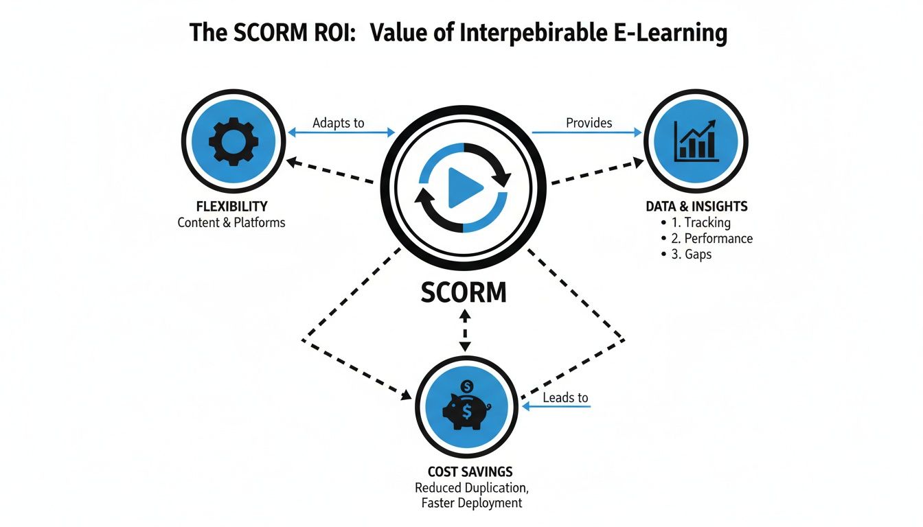 Diagram illustrating SCORM's ROI and value, showing its impact on flexibility, data insights, and cost savings in e-learning.