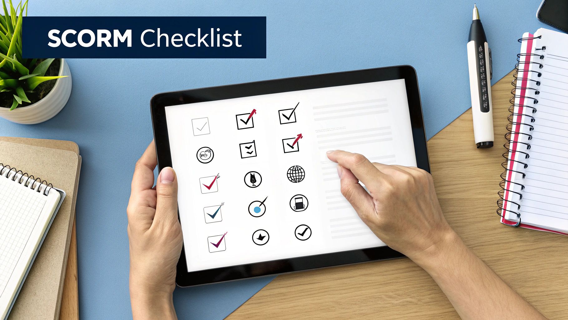 Overhead view of hands interacting with a tablet displaying a SCORM checklist with icons on a desk.