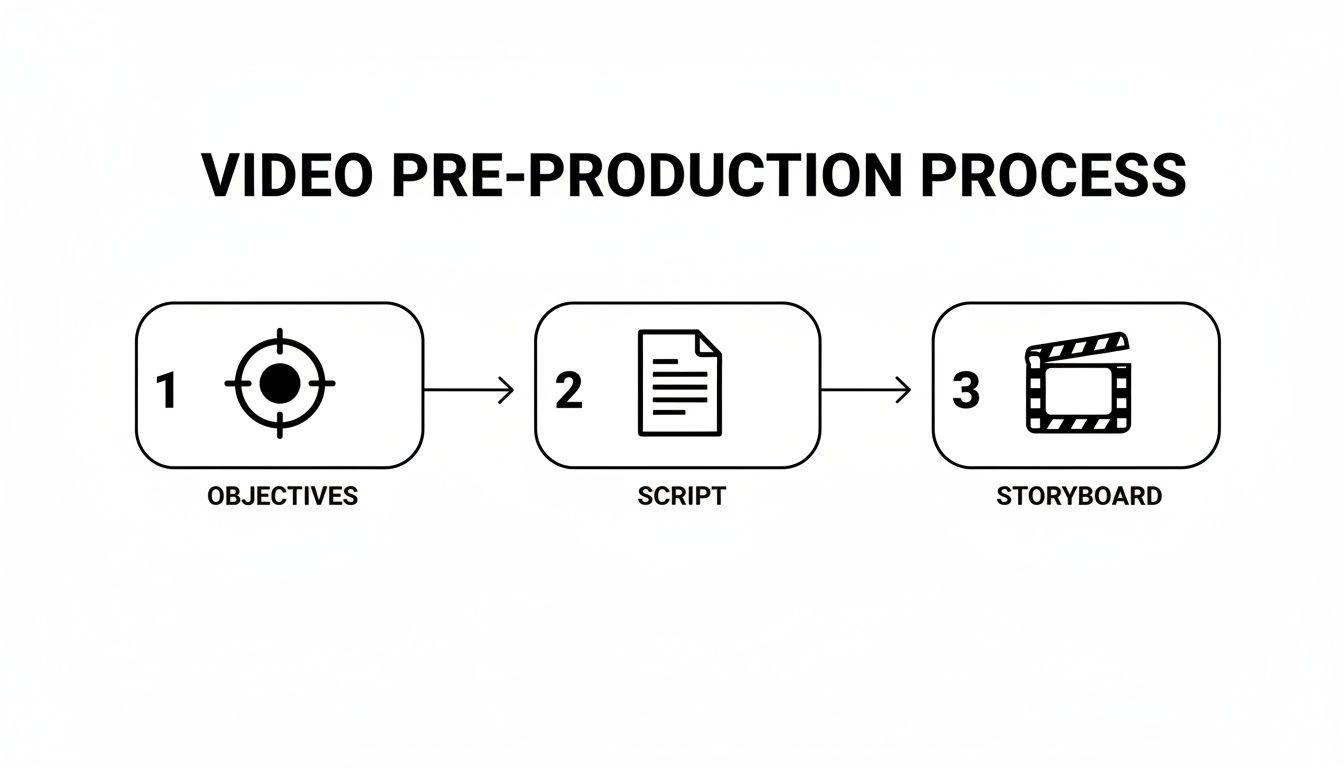 A flowchart illustrates the video pre-production process, including objectives, script, and storyboard steps.