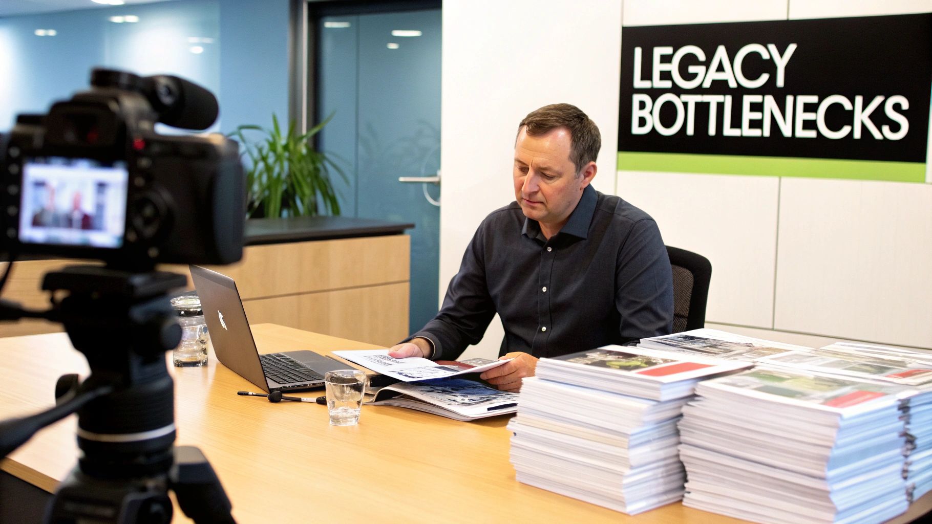 A man in an office, reviewing documents at a table while a camera records him.