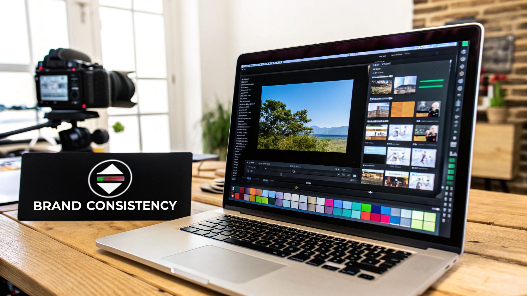 Laptop with video editing software, camera, and 'Brand Consistency' sign on a wooden desk.