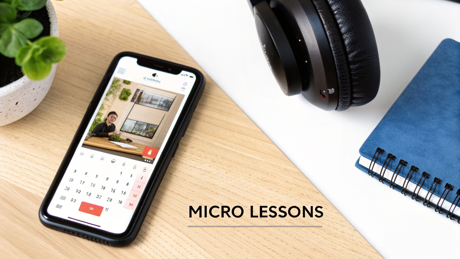 Smartphone displaying micro lesson calendar, with headphones, notebook, and plant on a desk.