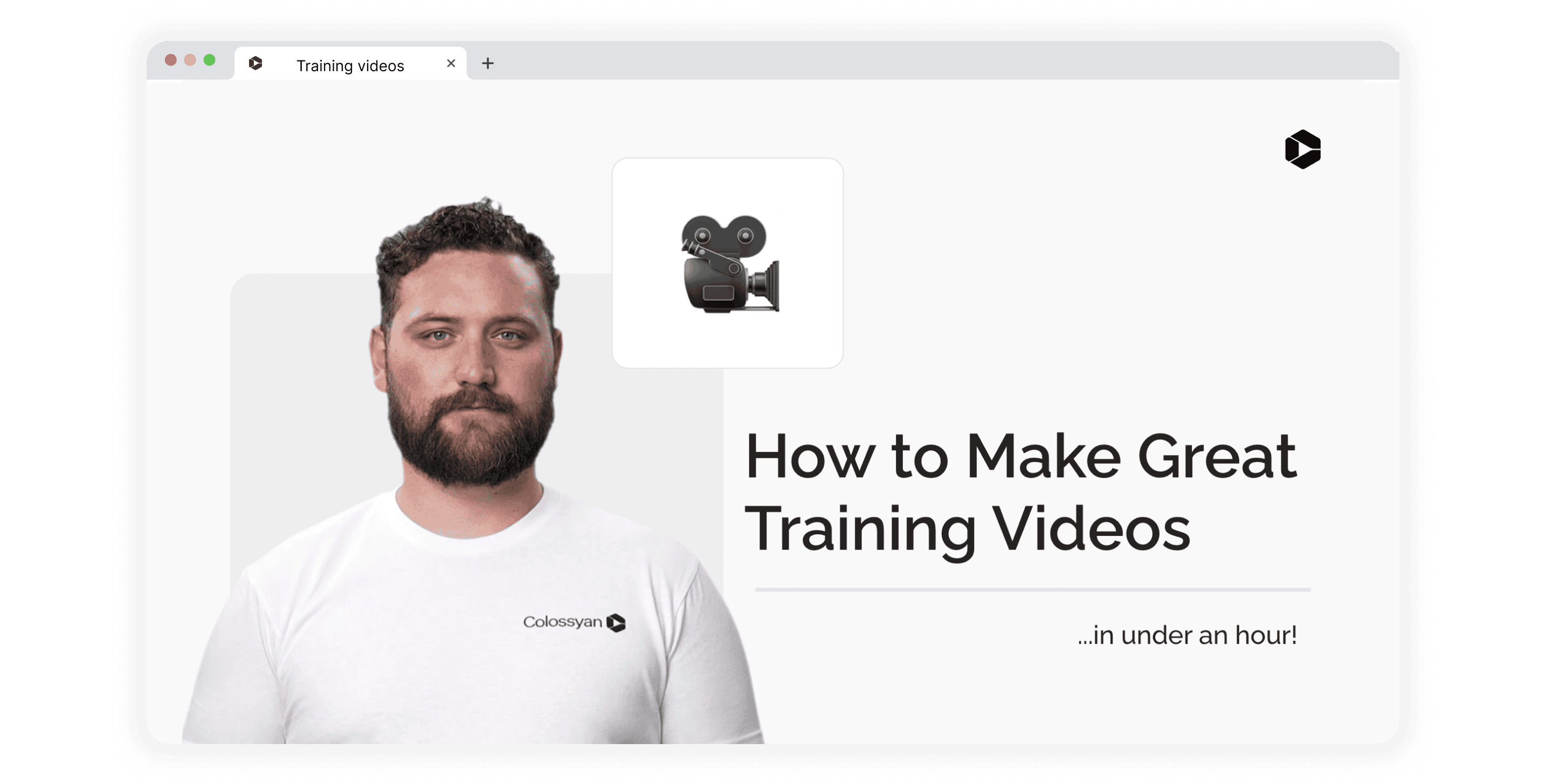 Colossyan's Lead Learning Experience Designer, David Gillham, and text "How to make great training videos in under an hour!"