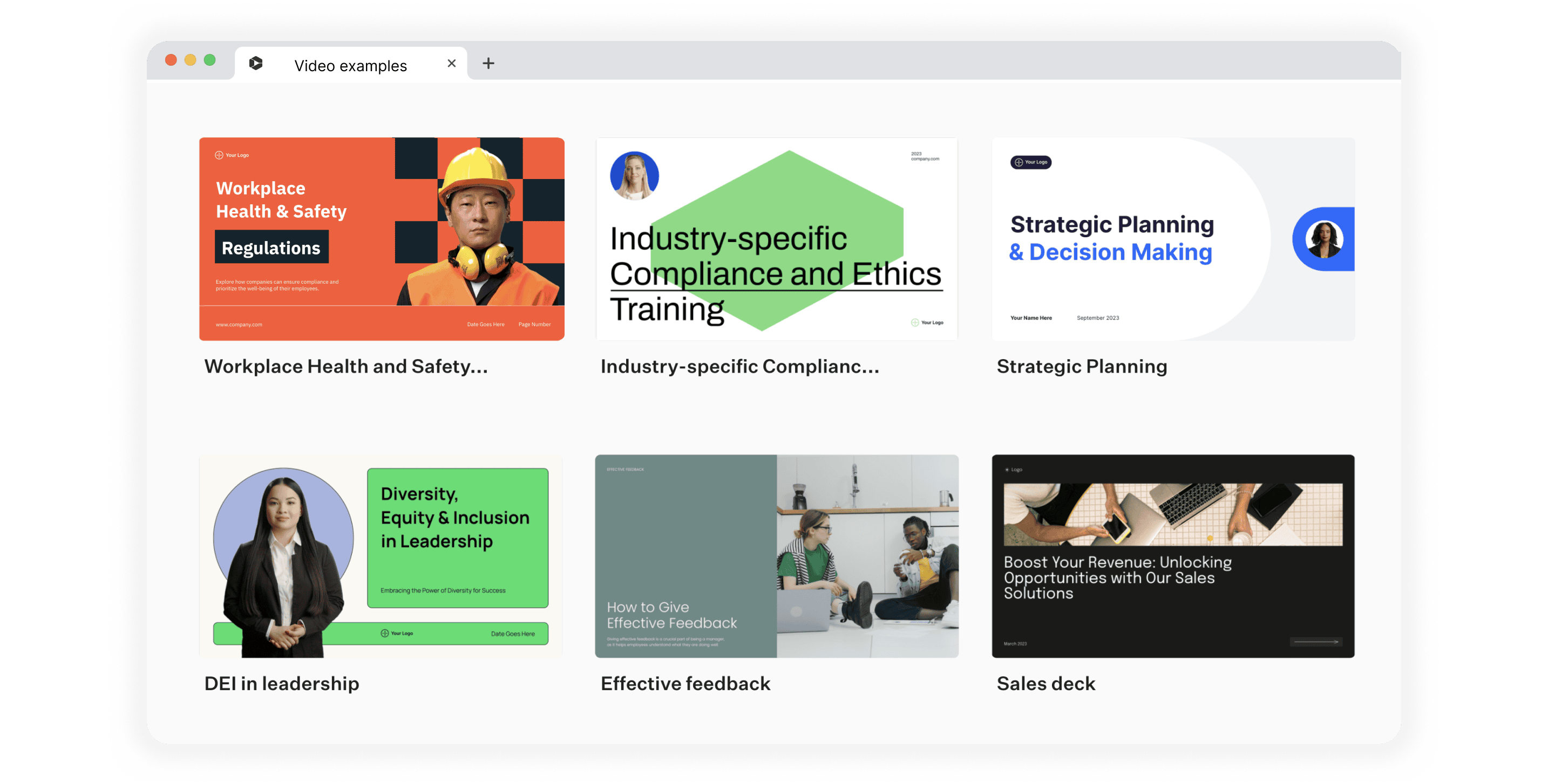 Videos made with AI (left to right): Workplace health and safety regulations, Compliance and ethics, Strategic planning and decision making, DEI, feedback and revenue
