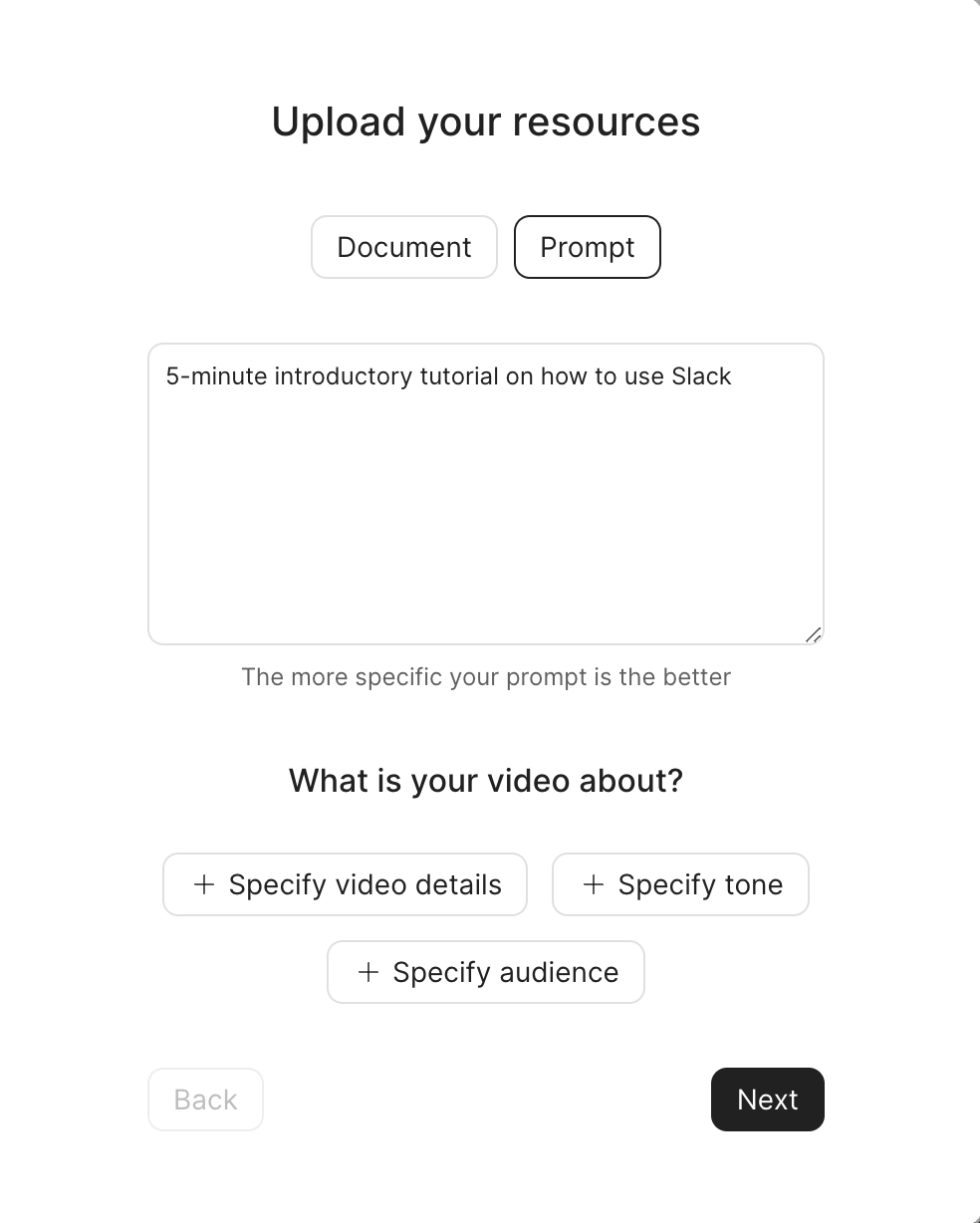 Colossyan's prompt to video feature with an input that reads, "5-minute introductory tutorial on how to use Slack"