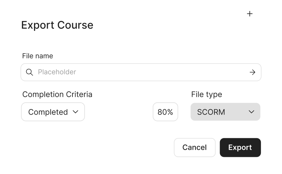 SCORM export modal for publishing to an LMS