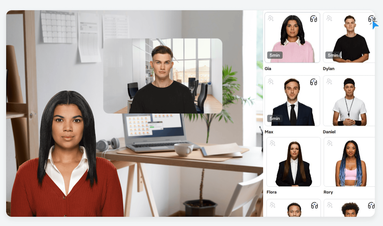 Elai.io interface showing AI avatar options and slide-based editor